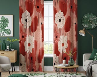 Rustic Pink Floral Curtain Panel, Abstract Red and White Poppy Drapes, Made to Order Curtains, Modern Window Treatments