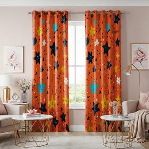 Cortina con estampado de estrellas divertidas, diseño de habitación infantil en naranja y multicolor, cortinas de longitud personalizada, panel con ojales divertidos para la decoración de la guardería o la sala de juegos
