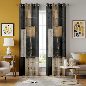 Black Mustard & Beige Abstract Curtains, Modern Artistic Eyelet Drapes, Textured Look Window Panels, Contemporary Living Room Decor