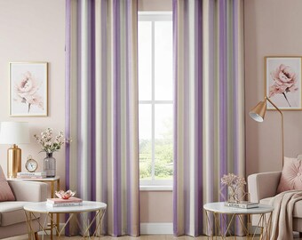 Lilac and Beige Striped Curtains, Soft Modern Window Drapes, Vertical Stripe Grommet Panels, Pastel Living Room Decor