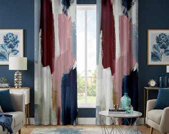 Modern abstract roze marineblauw en bordeauxrood gordijn, gewaagde artistieke gordijnen met oogjes, levendige raamdecoratie woonkamer, kleurrijke raampanelen
