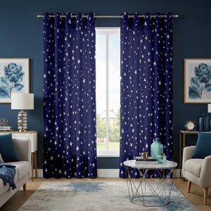 May include: Navy blue star-patterned curtains. The curtains feature a repeating pattern of white stars against a dark blue background. The curtains are hung on a silver rod and are open, revealing a window and a view of the outside.