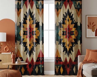 Southwestern Aztec Curtains, Tribal Geometric Window Panels, Rustic Boho Living Room Drapes, Warm Earth Tone Western Decor