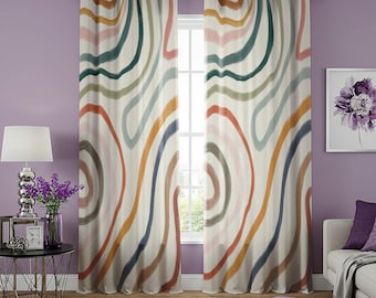 Wavy Line Abstract Curtains, Colorful Retro Eyelet Drapes with Soft Curves, Mid-Century Modern Geometric Window Panels, Made to Order