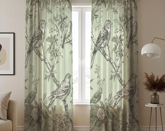 Farmhouse Style Bird Cotton Linen Curtains, Botanical Semi Sheer Window Panels, Nature Inspired Curtain for Living Room or Cottagecore Decor
