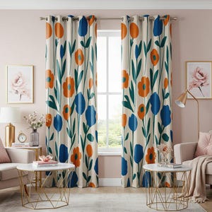 Contemporary Floral Curtain, Bold Orange And Blue Flowers Drape With Green Stems, Vibrant And Modern Living Room & Bedroom Window Treatment