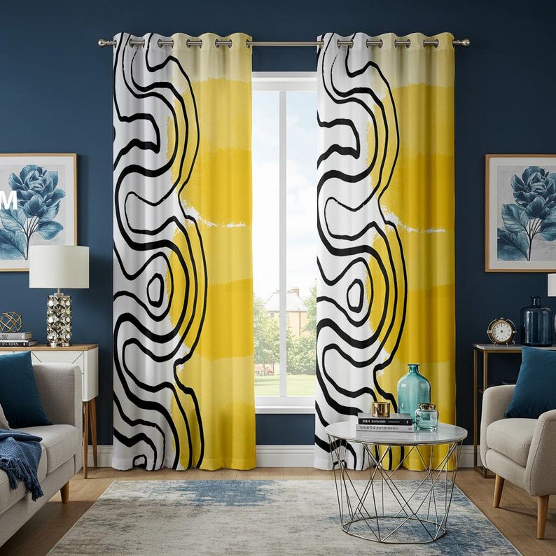Abstract Black and Yellow Curtains, Modern Line Art Window Drapes, Bold ...