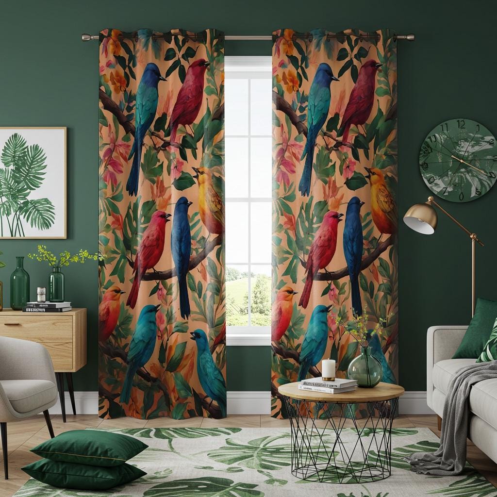 Cortinas con estampado de aves tropicales, loros coloridos y follaje,  paneles de ventana inspirados en la jungla, cortinas con temática natural  hechas a medida. - Etsy México, image size:1024x1024