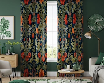 Cortina floral clásica con diseño de amapolas rojas y naranjas, longitud personalizada y ojales para sala de estar o dormitorio.