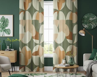 レトロな幾何学模様のリビングルームカーテン、オリーブグリーンと