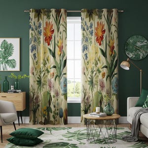 Farmhouse Botanical Floral Curtain Panel, Colourful Garden Print Drapes, Tropical Nature Eyelet Curtains, Cottagecore Window Treatment