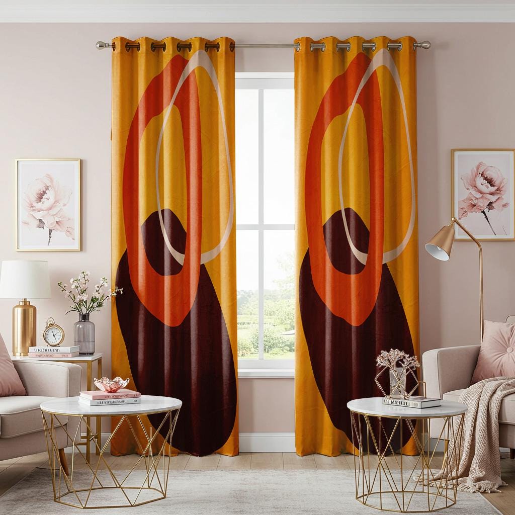 レトロな楕円形のパターンのカーテン、ミッドセンチュリーモダンの