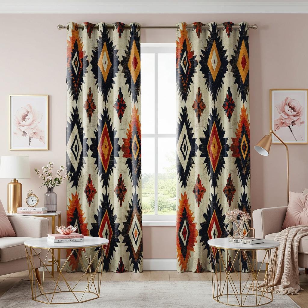 Southwestern Aztec Curtains, Boho Tribal Geometric Window Drapes