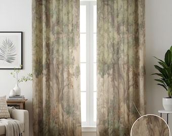 Forest Landscape Cotton Linen Curtains, Nature Woodland Scene Print Drapes, Tranquil Tree View Window Panels for Living Room