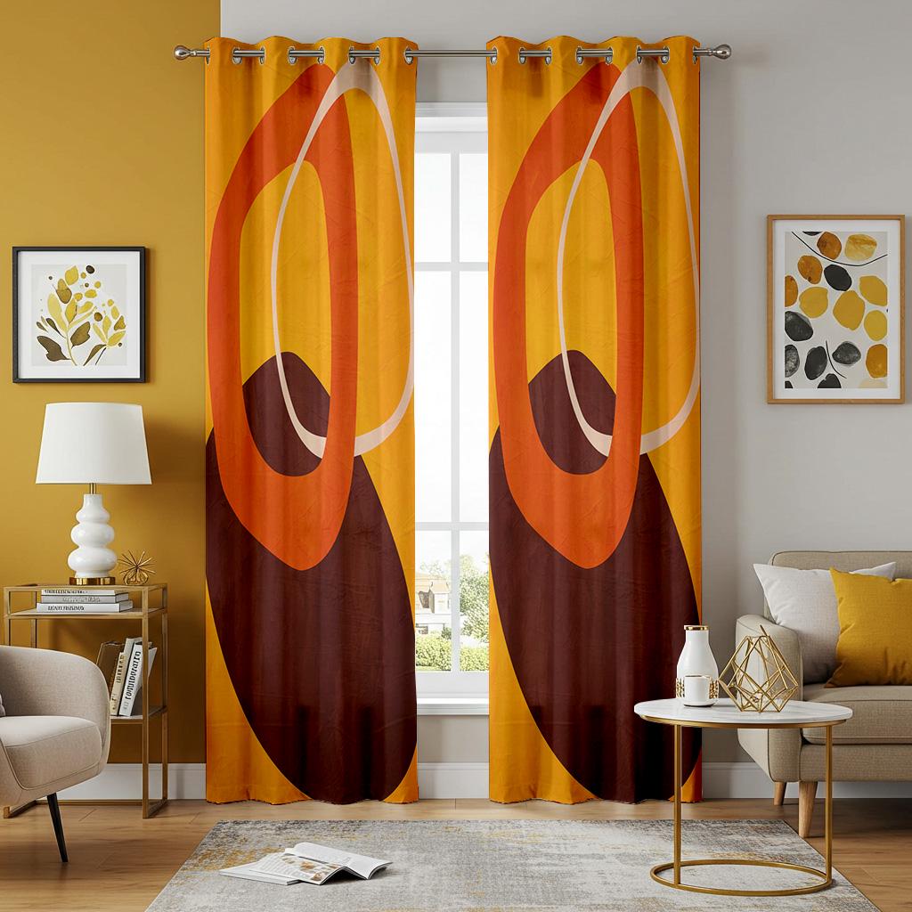 レトロな楕円形のパターンのカーテン、ミッドセンチュリーモダンの