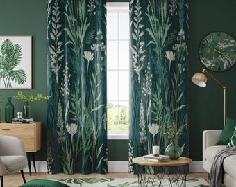 Dunkelgrüne Wildblumenvorhänge, botanische Wiesendruckvorhänge, von der Natur inspirierte benutzerdefinierte Überschriften für Wohnzimmer und Schlafzimmer