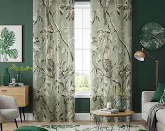 Botanisch gordijn vogel en tak, traditionele natuur oogjesgordijnen, saliegroen dieren in het wild raampanelen, rustiek cottagecore-woonkamerdecor