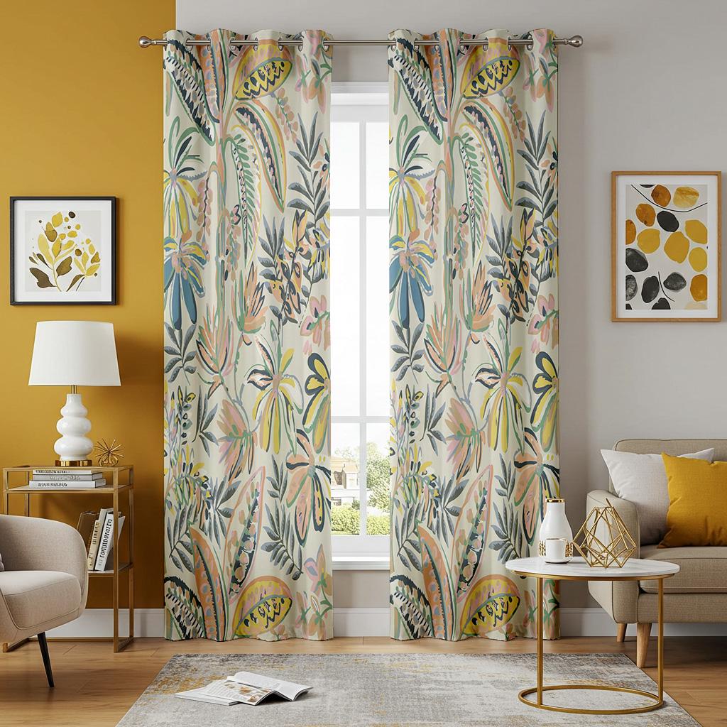 トロピカルボタニカルカーテン、柔らかくカラフルな葉と花のプリント
