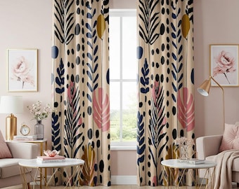Boho Botanical Curtains, Abstract Tropical Leaf Custom Length Drapery, Modern Minimalist Polka Dot Window Panels