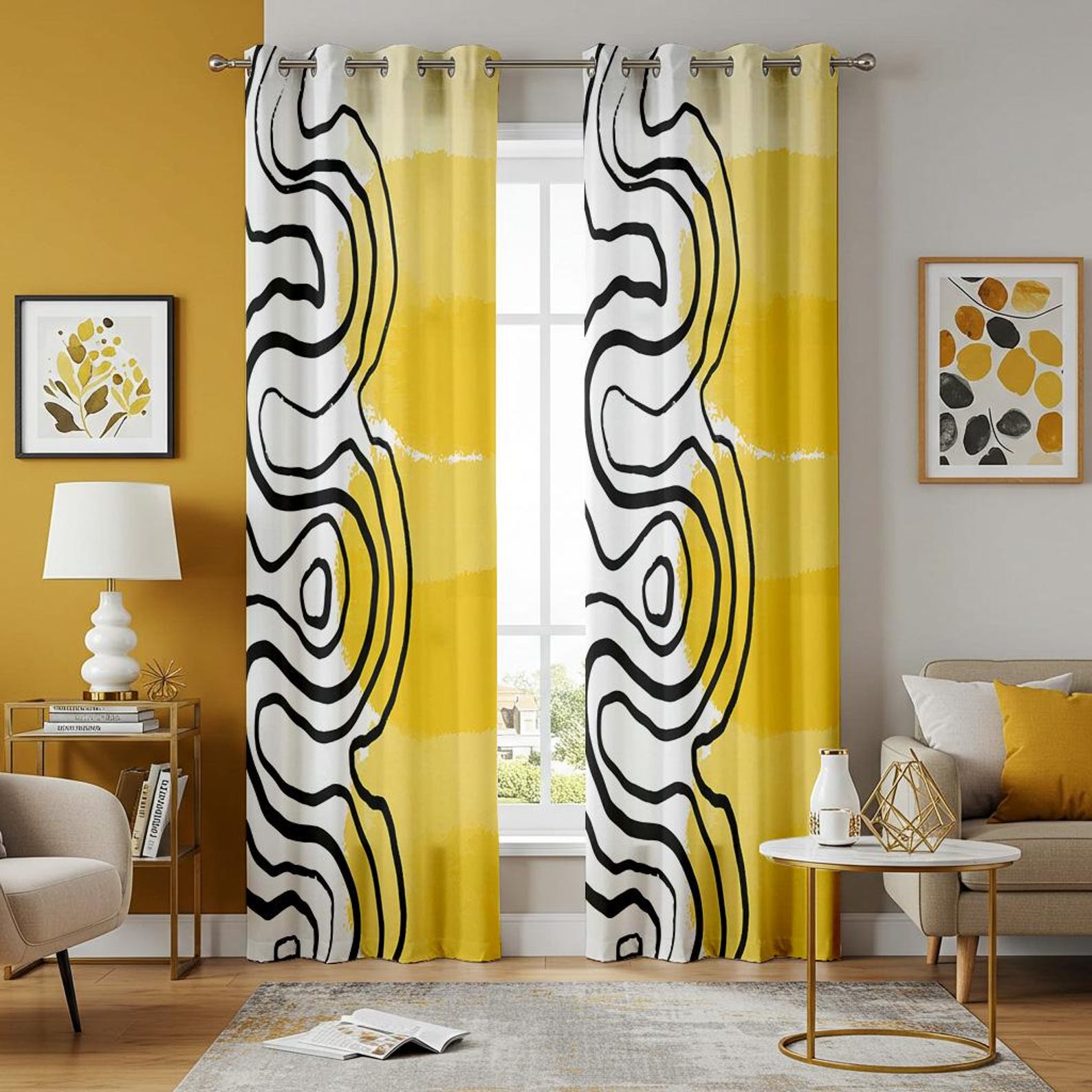 Abstract Black and Yellow Curtains, Modern Line Art Window Drapes, Bold ...