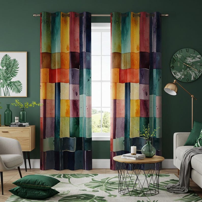 Watercolor Patchwork Boho Curtain, Vibrant Multicolored Geometric Block Design Drape image 2