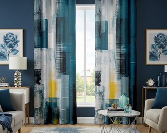 Blauwgroen blauw en geel abstract gordijn, moderne geometrische gordijnen met oogjes, gewaagde artistieke raampanelen, eigentijds huisdecor