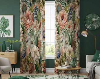 Farmhouse Botanical Floral Curtain Panel, Colorful Wildflower Print Window Drapes, Cottagecore Nature Curtains, Garden Inspired Curtains