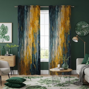 May include: A pair of blue and yellow patterned curtains with a green wall in the background. The curtains have a modern abstract design with vertical stripes.