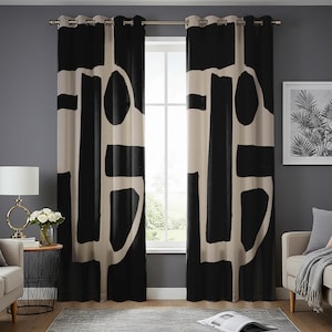 Modern Abstract Black and Beige Curtains, Minimalist Geometric Print Drapes, Neutral Window Panels, Bold Contemporary Home Decor
