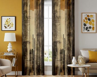 Modern mosterd-bruin abstract gordijn, geometrische gordijnen met oogjes, eigentijds gestreepte raampanelen, warm getinte woondecoratie