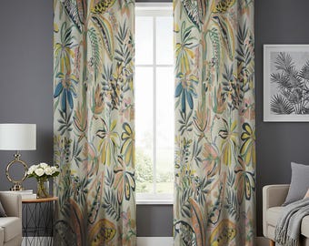 トロピカルボタニカルカーテン、柔らかくカラフルな葉と花のプリント