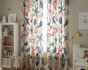 Kids Nautical Cotton Linen Curtain, Red Blue Sea Life Window Drapes, Starfish Anchor Fish Print, Ocean Theme Decor for Nursery or Playroom