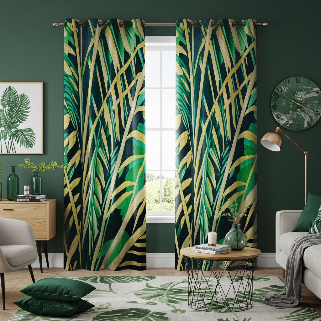 Tropical Palm Leaf Curtains, Jungle Green Botanical Drapes, Lush Banana Leaf Print Window Panels, Modern Boho Living Room Decor