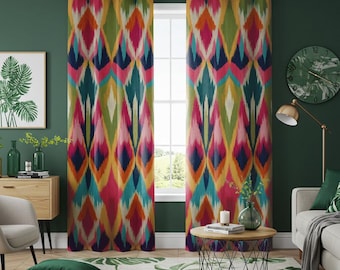 Colorful Ikat Curtains, Bold Tribal Diamond Pattern Drapes, Vibrant Boho Custom Size & Heading Window Panels for Living Room or Bedroom