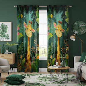Cortinas de jirafas de la selva, cortinas infantiles de animales de safari, paneles a medida con diseño de bosque de dibujos animados, decoración divertida para ventanas de salas de juegos o guarderías.