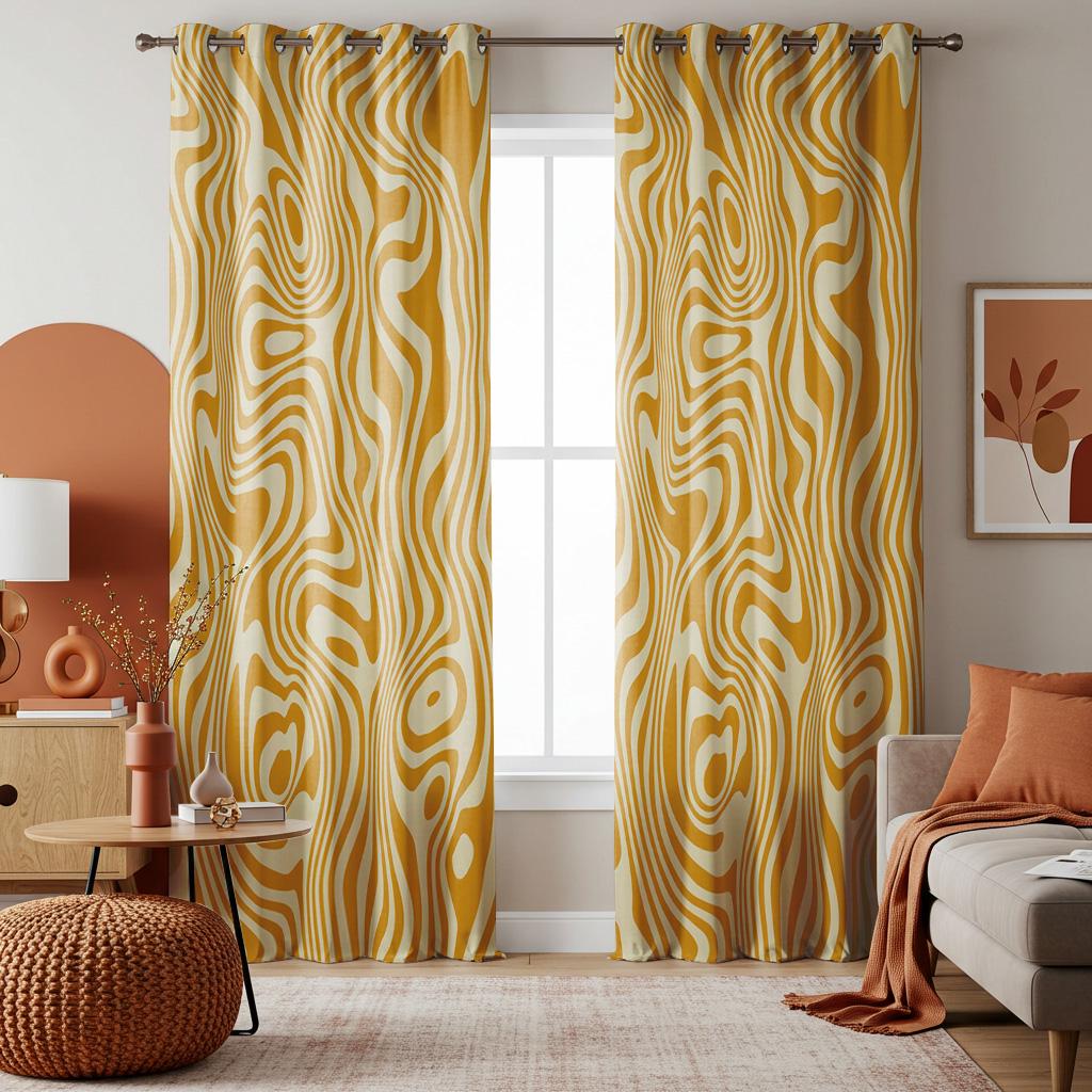 Modern Yellow Abstract Curtain, Wavy Pattern Drape Panel