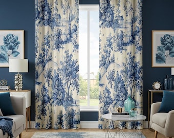 Blue Toile Curtains, French Country Landscape Drapes, Classic Inspired Made to Measure curtain Panels for Living Room or Bedroom Decor
