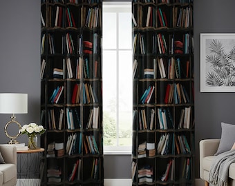 Cortinas con estampados de estantería, cortinas realistas para estanterías de biblioteca, paneles de ventana con temática literaria, decoración para el hogar, la oficina y el rincón de lectura.