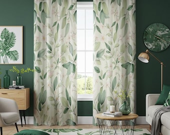 Light Botanical Leaf Curtains, Soft Green Watercolor Print Drapes, Nature Inspired Custom Heading Curtain Panels for Bedroom or Living Room