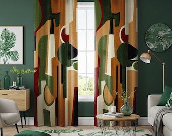 Halverwege de eeuw abstracte gordijnen, retro geometrisch patroongordijnen in groene mosterdroesttinten, aangepaste raampanelen voor modern interieur