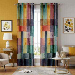 Watercolor Patchwork Boho Curtain, Vibrant Multicolored Geometric Block Design Drape image 4