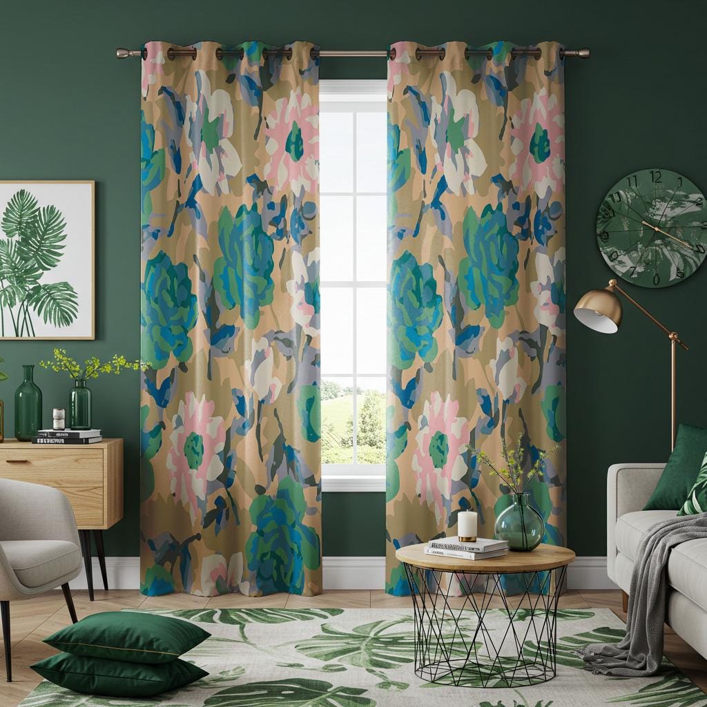 モダンな迷彩柄フローラルカーテン、ブルーグリーンベージュの