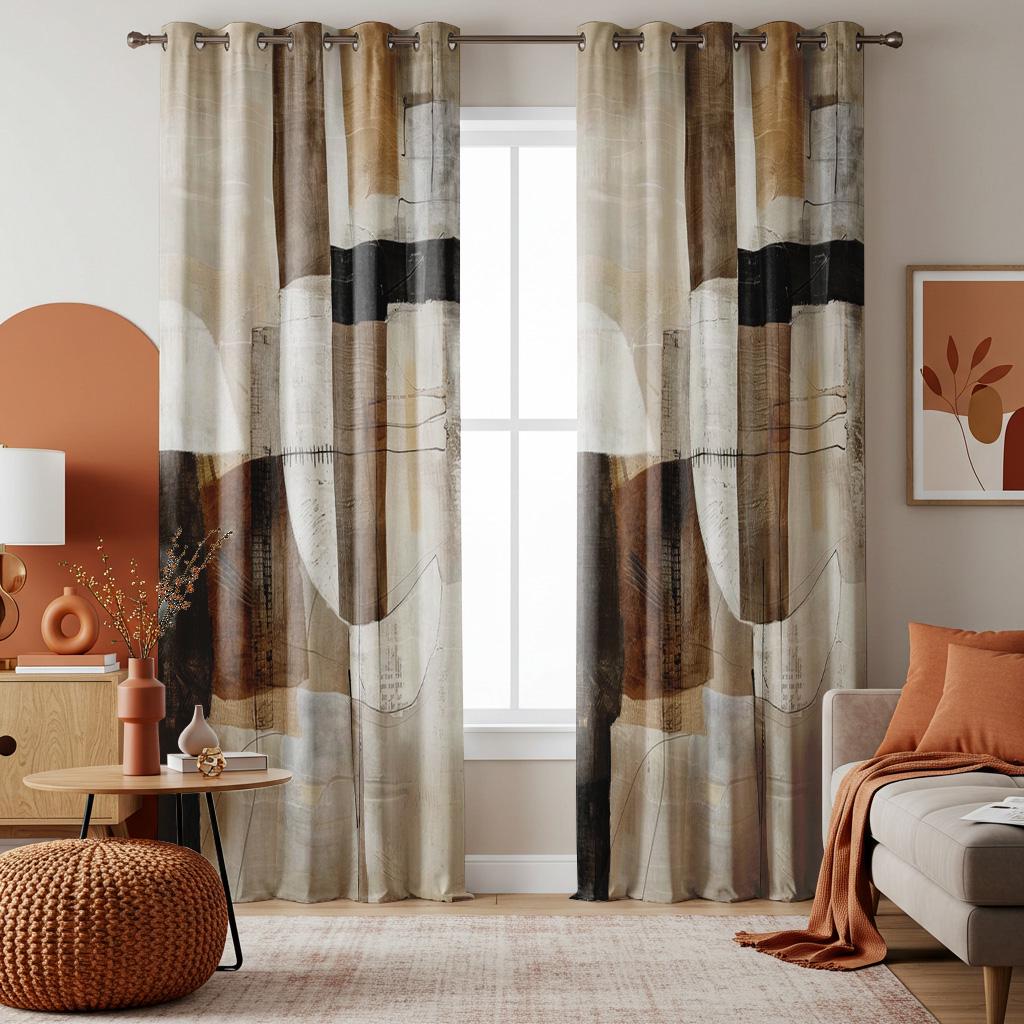 Neutral Abstract Curtains, Terracotta Beige Modern Art Drapes