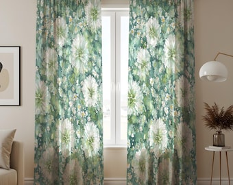 Groene bloemen katoenen linnen gordijnen, grote witte gordijnen met botanische bloemenprint, op maat gemaakte raampanelen voor woonkamer