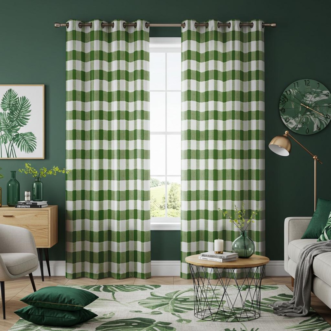Green Gingham Check Curtains, White Sage Wavy Plaid Drapes, Modern