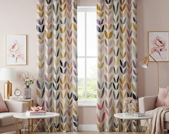 Scandinavian Leaf Print Curtains, Modern Botanical Window Drapes, Minimalist Custom Length Panel for Bedroom & Living Room