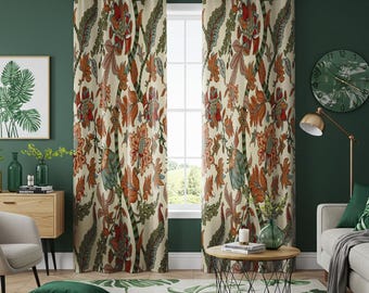 Farmhouse Botanical Floral Curtains, Rustic Leaf Pattern Drapes, Autumn Inspired Window Panels, Nature Print Farmhouse Decor