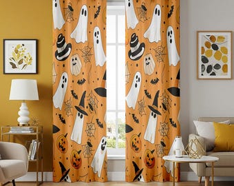 Halloween Ghost Curtain, Pumpkin & Bats Drapes, Spooky Cute Decor, Trick or Treat Home Decor, Witch Hat and Cobweb Design Fall Festive Panel