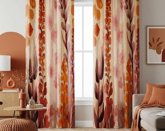 Aquarell Blumenvorhänge, Gebrannte Orange Botanische Vorhänge für Wohnzimmer, Herbst Boho Fenster Panels, Warme Herbst Blatt Print Vorhang Panels