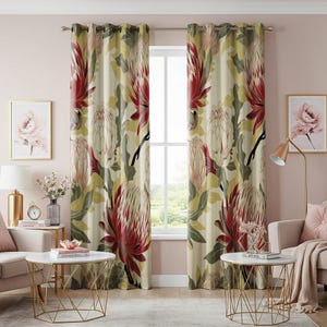 Protea Floral Curtain Panel, Bold Red and Cream Tropical Flower Design Custom Length Drapery, Botanical and Exotic Home Decor